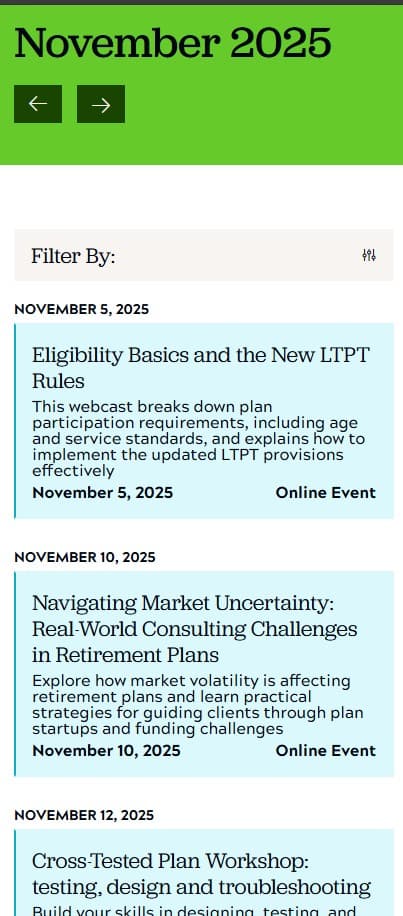 ASPPA events calendar list view on a mobile viewport
