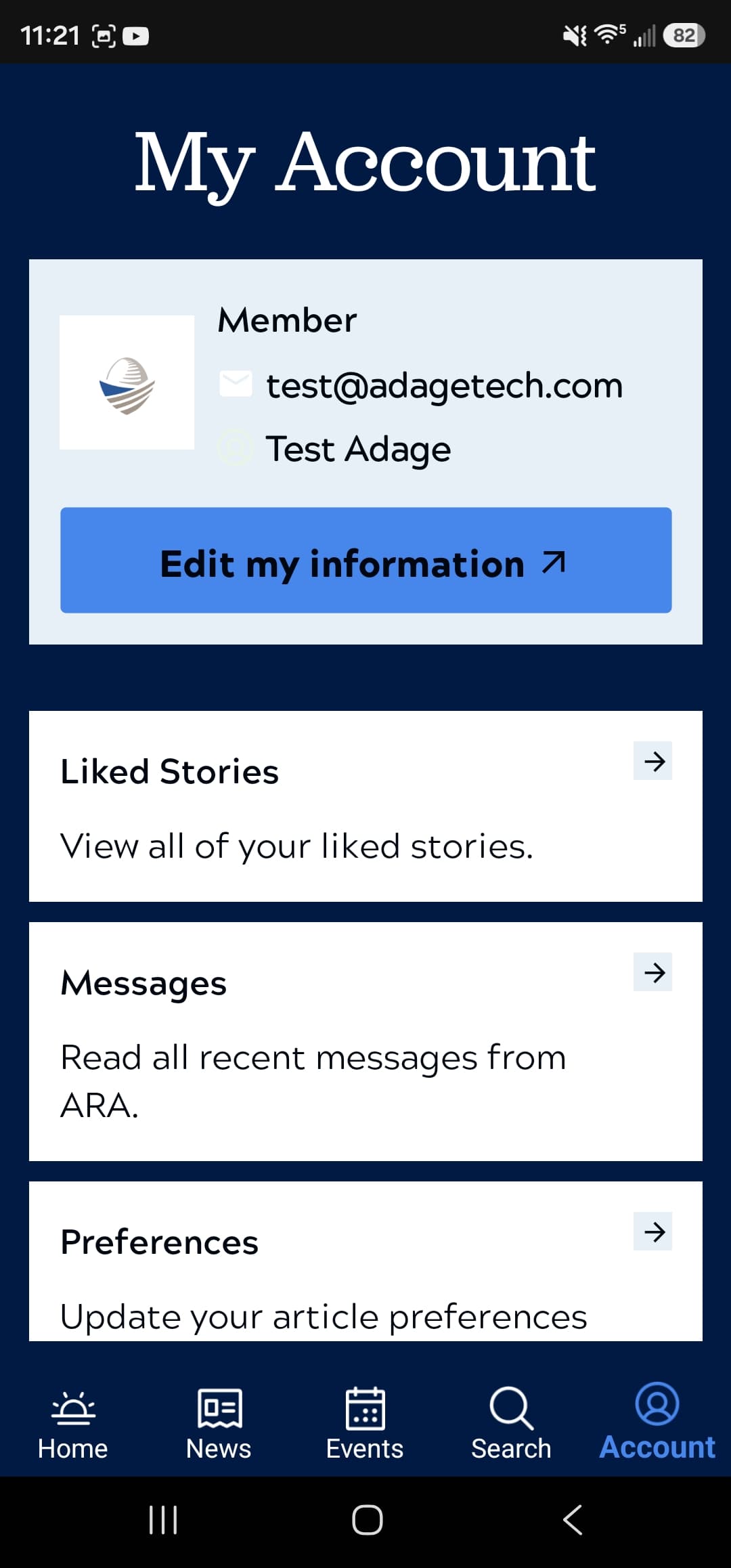 ARA app My Account screen showing member details with links to liked stories, messages, and preferences